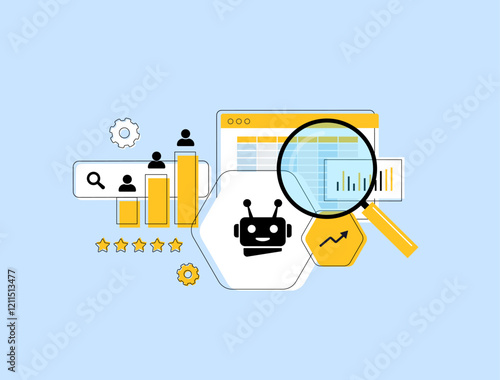 AI-Powered Competitor Analysis for SEO. Use AI tools to analyze competitors SEO strategies and identify opportunities. AI analytics comparing SEO metrics outline vector illustration.