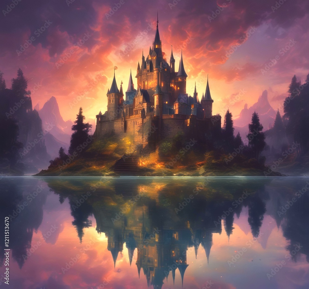 Fototapeta premium Illustration of glowing mystery tower castle in night.