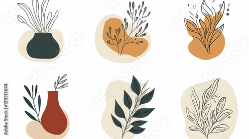 Abstract floral illustrations; potted plants, leaves, branches;  minimalist design; ideal for home decor, social media, website design