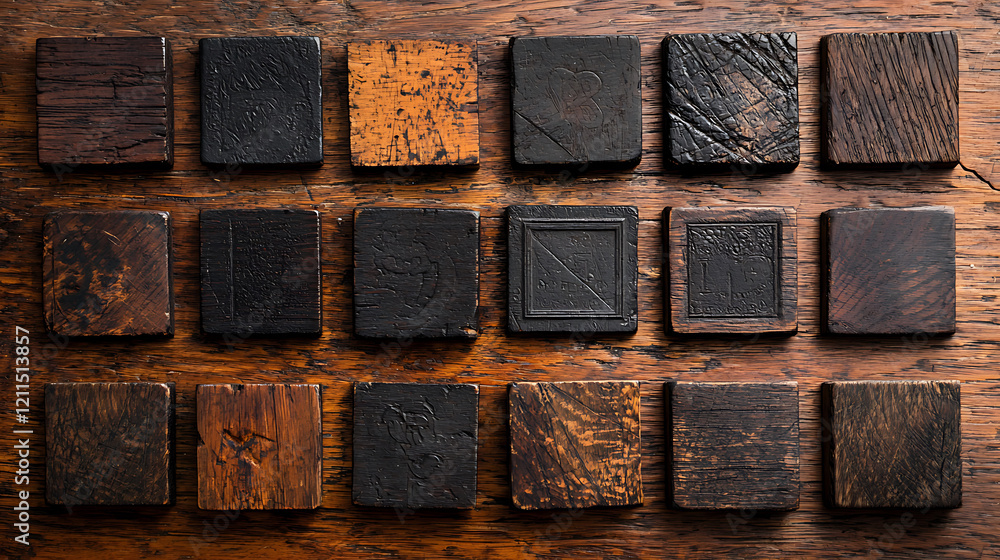 Antique letterpress printing blocks arranged on wooden surface, showcasing unique textures and colors Antique letterpress printing blocks arranged on wooden surface, showcasing unique textures and colors