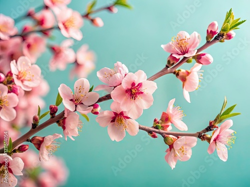Elegant minimalist photography: peach blossoms against a light blue backdrop, boasting sharp detail and spring's charm.