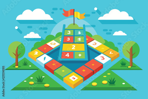 Colorful hopscotch layout in a vibrant park, inviting kids to play and enjoy outdoor activities under the sun Hopscotch Customizable Flat Illustration