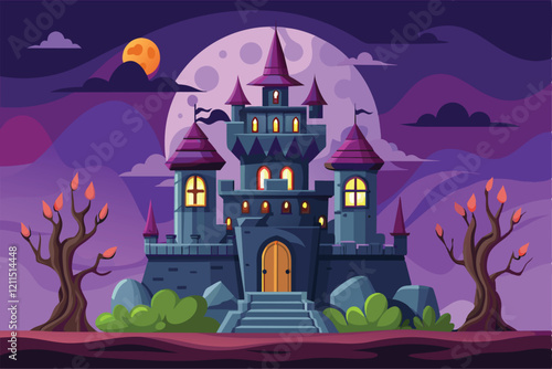 A dark castle looms with eerie trees silhouetted against a glowing full moon at night Horror castle Customizable Disproportionate Illustration