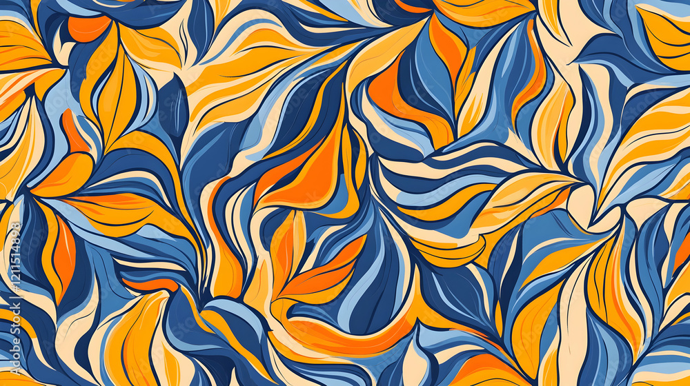 Abstract swirling orange and blue leaf pattern, seamless textile design for fashion or home decor Abstract swirling orange and blue leaf pattern, seamless textile design for fashion or home decor