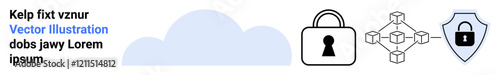 Cloud shape, padlock, connected nodes in a blockchain configuration, and a shield with a lock. Ideal for cybersecurity, data protection, cloud storage, encryption, digital security network security