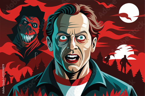 A man with wide eyes expresses fear in a dark, menacing forest backdrop Horror movie Customizable Disproportionate Illustration