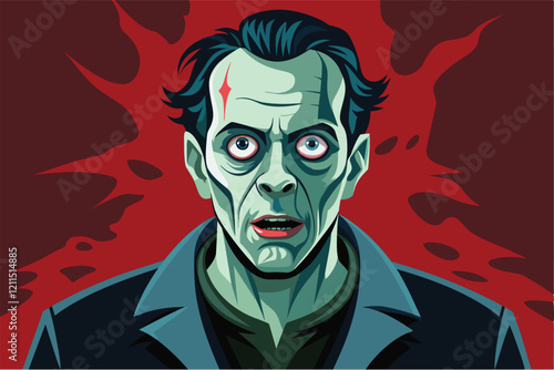 A disfigured horror character with haunting eyes and a fearful expression in a shadowy environment Horror movie Customizable Disproportionate Illustration