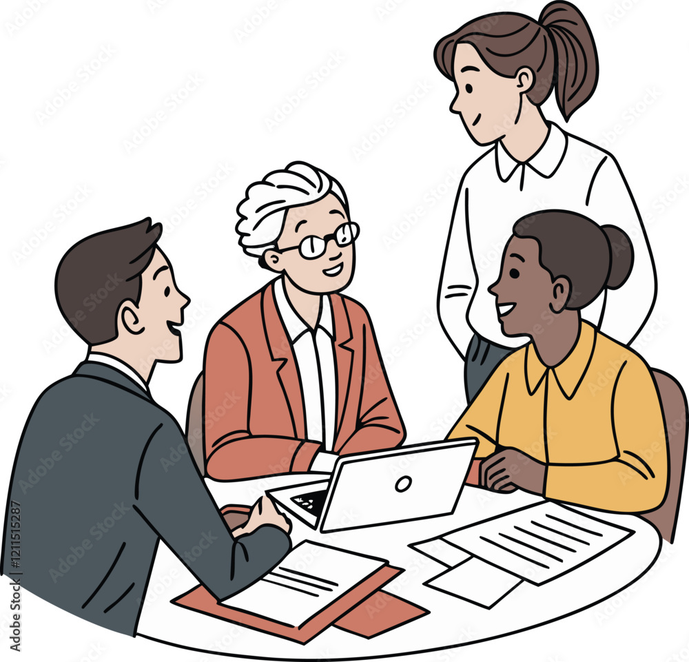 Partners meeting for business discussion with documents and laptop on desk. Couple at round table, speaking, discussing work, partnership. Flat vector on a white background Partners meeting for business discussion with documents and laptop on desk. Couple at round table, speaking, discussing work, partnership. Flat vector on a white background