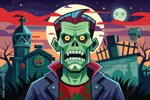 A zombie character poses ominously in a graveyard, surrounded by eerie graves under a glowing moon Horror video game Customizable Disproportionate Illustration