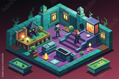 Two characters interact within a hauntingly designed, isometric room filled with unsettling details Horror video game Customizable Isometric Illustration