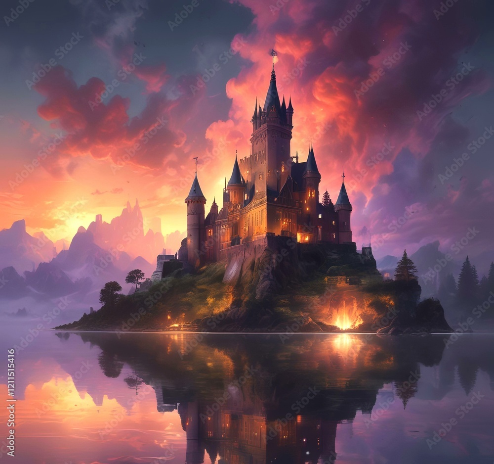Illustration of glowing mystery tower castle in night.