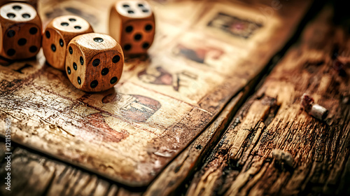 Classic board game pieces and wooden dice on vintage table evoke nostalgia