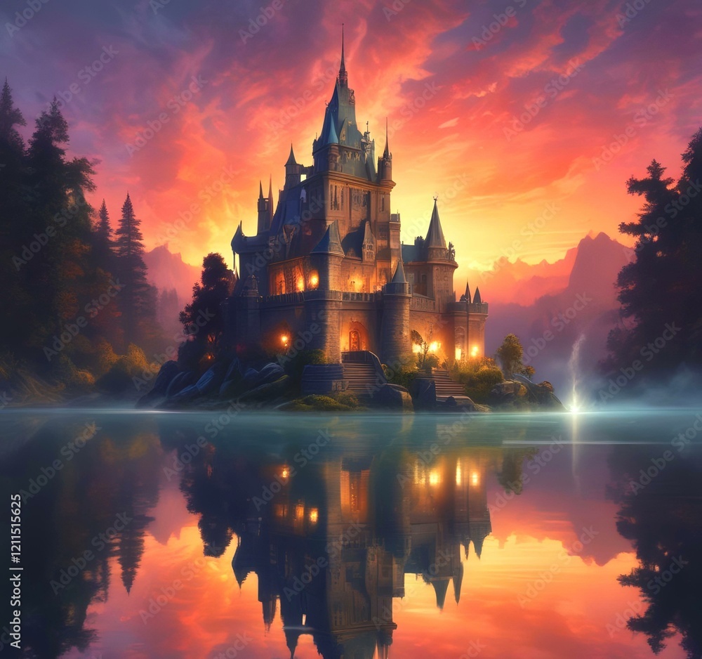 Obraz premium Illustration of glowing mystery tower castle in night.