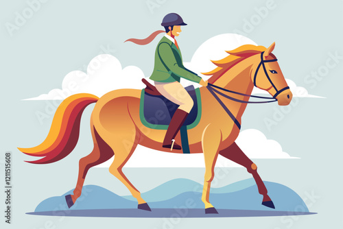A rider navigates a beautiful landscape on horseback, showcasing a calm and enjoyable experience Horseback riding Customizable Semi Flat Illustration