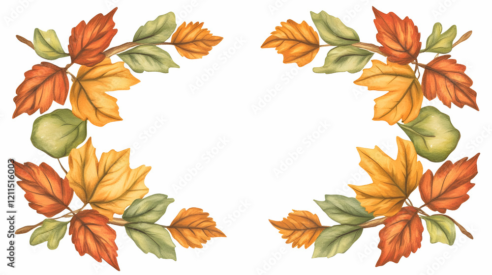 Fototapeta premium Autumn leaves border frame, fall foliage design, white background, for seasonal greeting cards