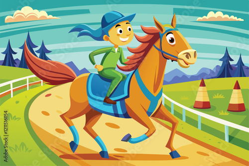A cheerful jockey rides a horse under a bright sky at a lively race track Horse race Customizable Cartoon Illustration
