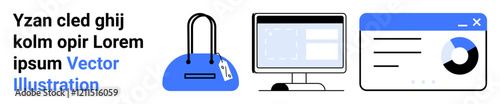 Business tools such as a stylish blue handbag, a computer monitor displaying a workspace, and a browser window with data charts. Ideal for technology, office, productivity, data visualization