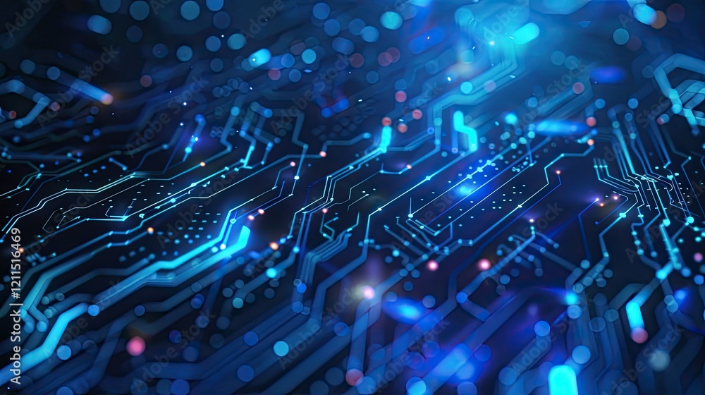 Abstract digital circuit board design with glowing blue and purple elements. Abstract digital circuit board design with glowing blue and purple elements.