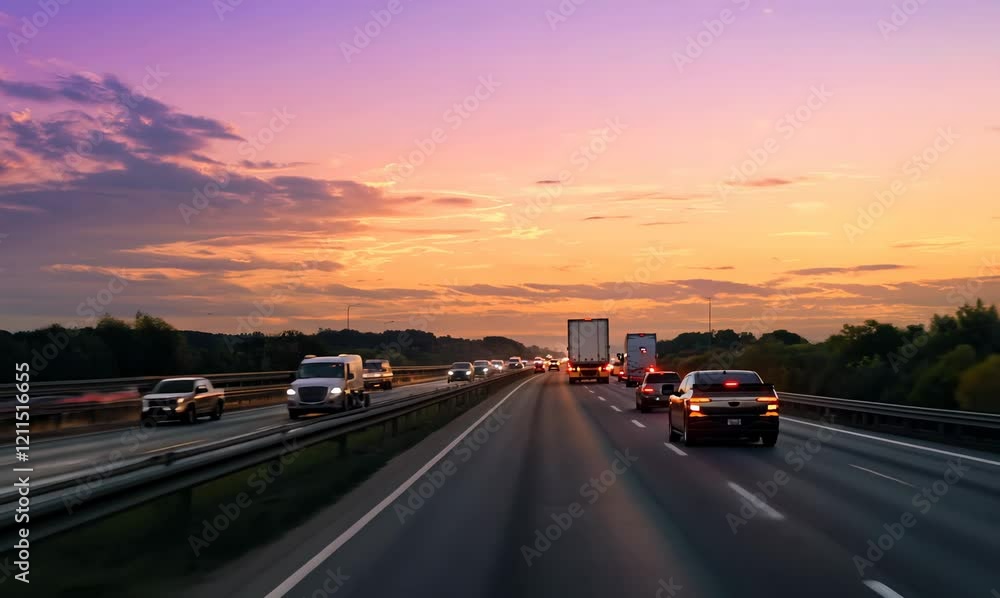 sunset traffic on the highway with trucks and semi trailers sunset traffic on the highway with trucks and semi trailers