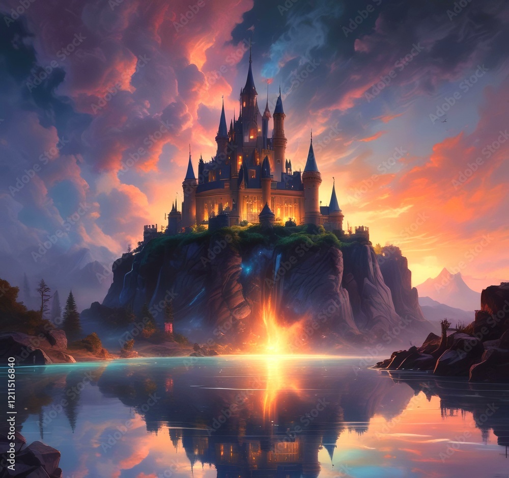 Illustration of glowing mystery tower castle in night. Illustration of glowing mystery tower castle in night.