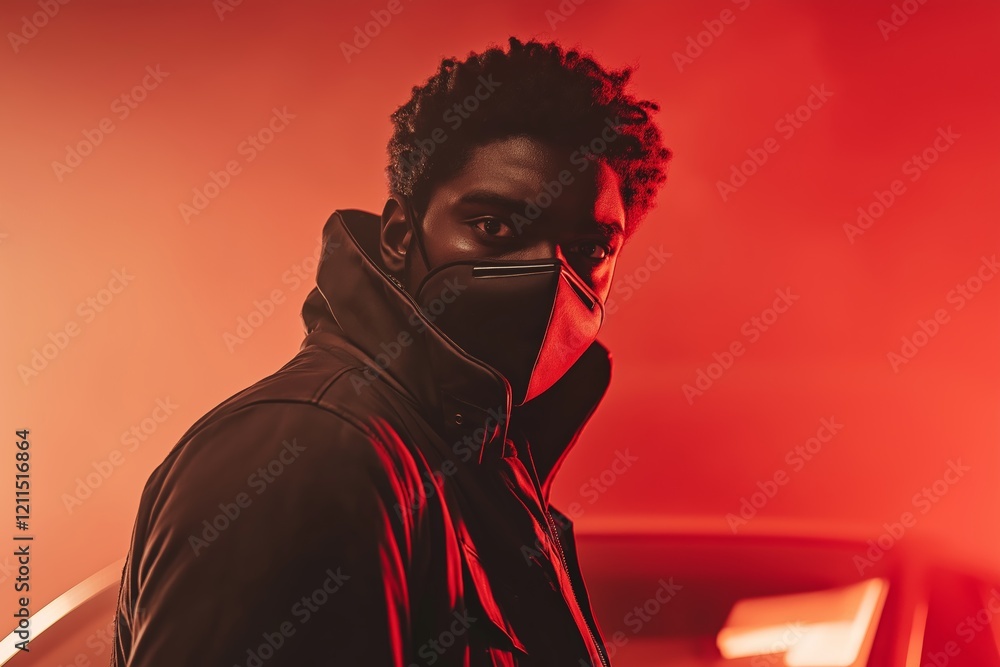 Mystery and Style Man in Black Masked Against Red Studio Light Backdrop Mystery and Style Man in Black Masked Against Red Studio Light Backdrop