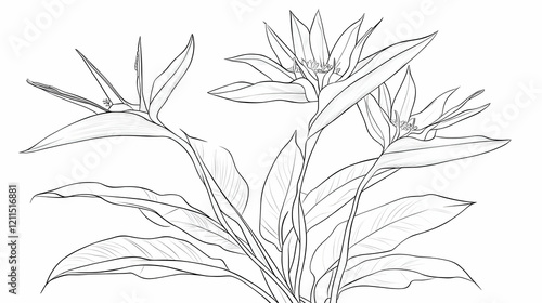 Bird of Paradise flowers line art drawing, botanical illustration, white background, nature design, for print or web