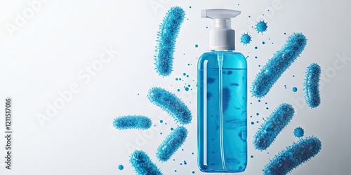 Blue antibacterial soap in a clear pump bottle against a white background with scattered blue bacteria illustrations on the left and right sides.