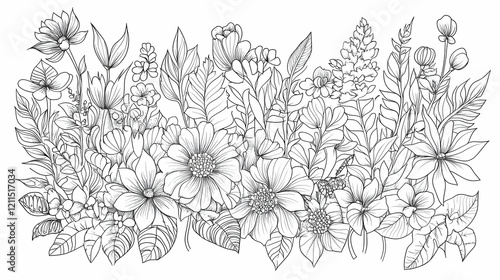 Black and white floral illustration; diverse flowers, leaves; botanical art; ideal for coloring books, prints, or patterns