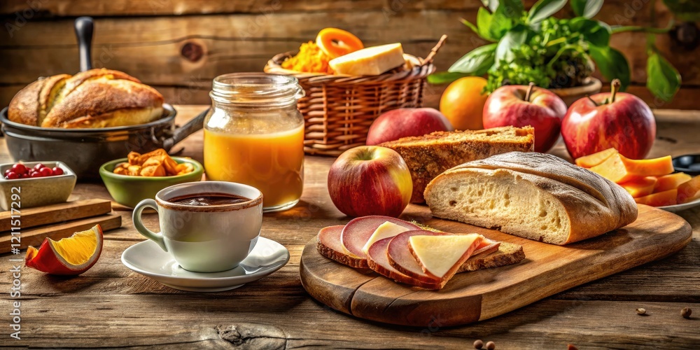 Golden sunlight bathes a breakfast spread: crusty bread, savory ham, sharp cheese, sweet jam, and rich coffee. Golden sunlight bathes a breakfast spread: crusty bread, savory ham, sharp cheese, sweet jam, and rich coffee.