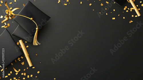 Black graduation caps, gold confetti, celebration.  Perfect for graduation announcements or social media