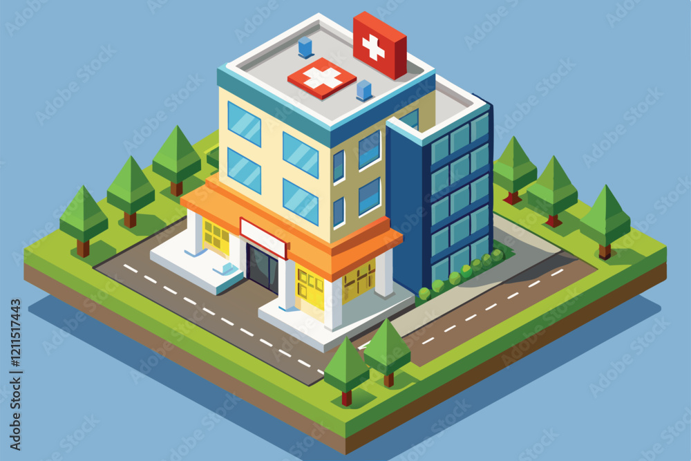 A colorful, modern hospital building is depicted in a green landscape with roads and trees surrounding it Hospital building Customizable Isometric Illustration A colorful, modern hospital building is depicted in a green landscape with roads and trees surrounding it Hospital building Customizable Isometric Illustration
