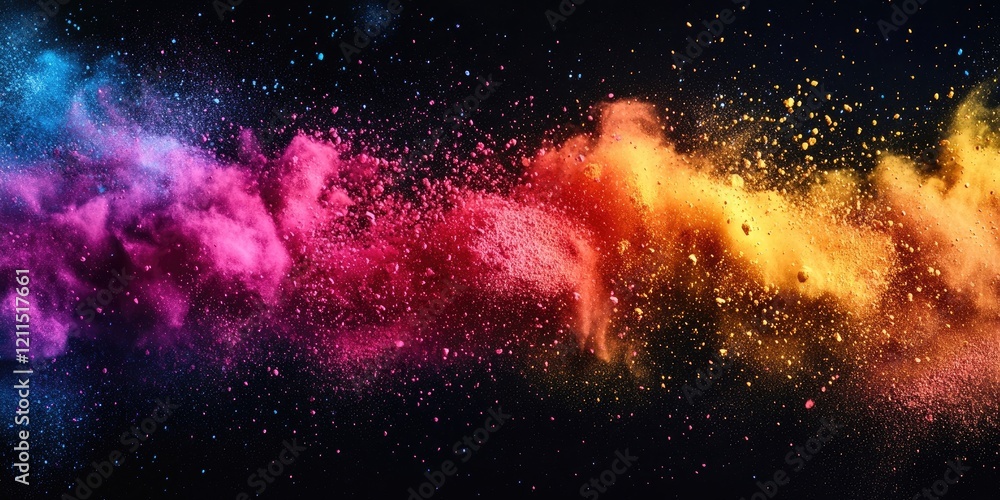 Obraz premium Vibrant multicolor powder explosion on a dark background with pink, blue, orange, and yellow hues splattering across the image in dynamic motion.