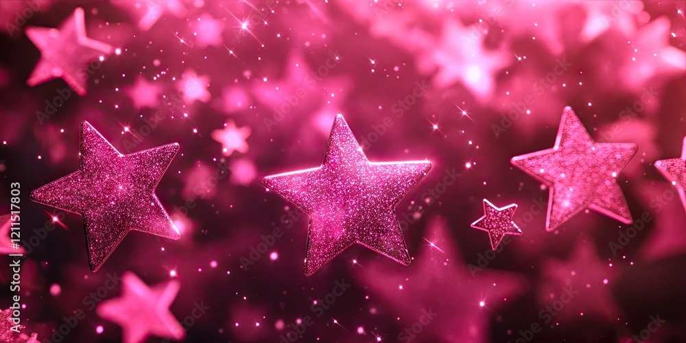Glowing pink stars of varying sizes scattered across a dark background with sparkling effects creating a dreamy night sky atmosphere. Glowing pink stars of varying sizes scattered across a dark background with sparkling effects creating a dreamy night sky atmosphere.