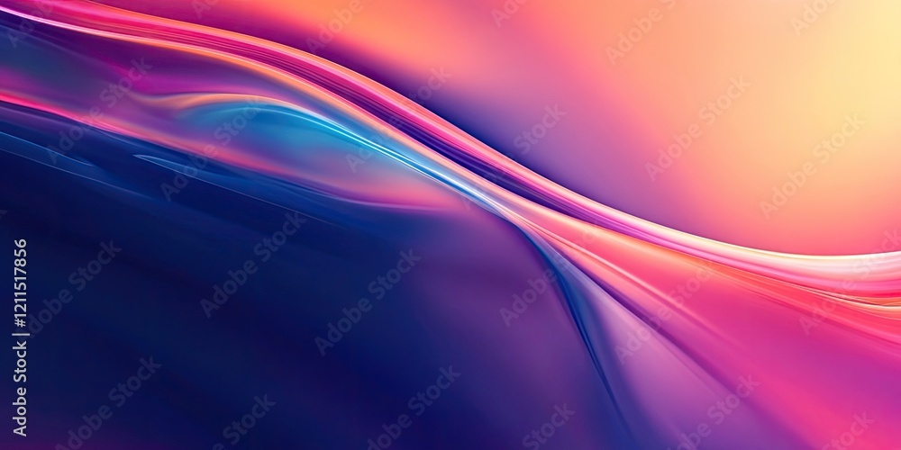 Naklejka premium Vibrant gradient waves in soft pink, orange, and blue tones flowing diagonally across a smooth backdrop creating a serene digital atmosphere