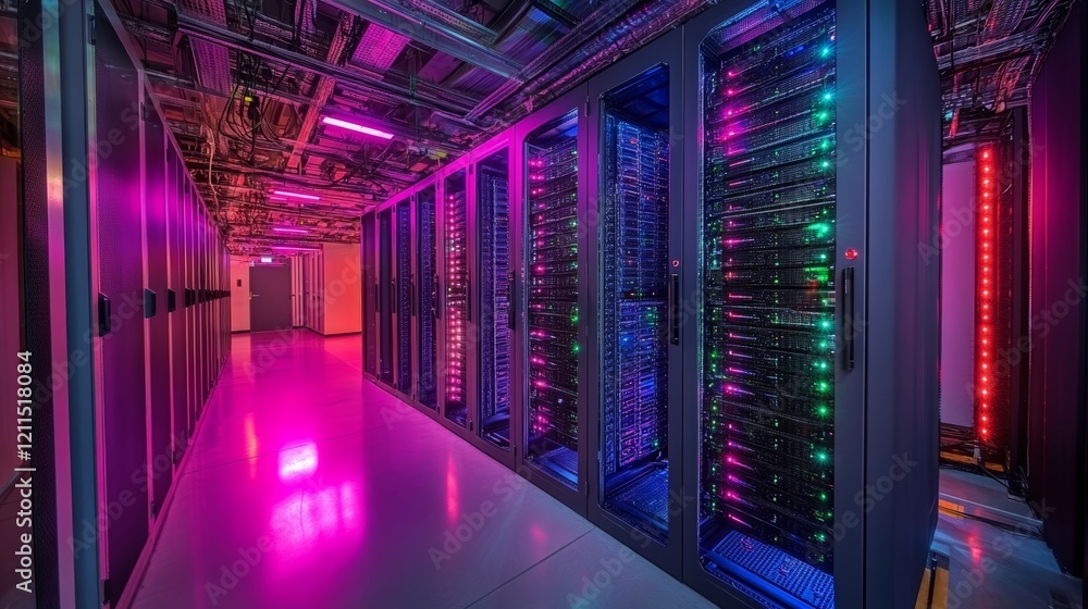 Fototapeta premium Server Room In Data Center. Cloud Computer Engineers Generative AI