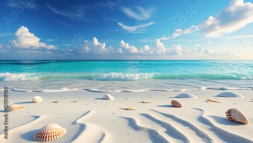 Tranquil Tropical Beach Scene with Turquoise Waters and White Sand photo