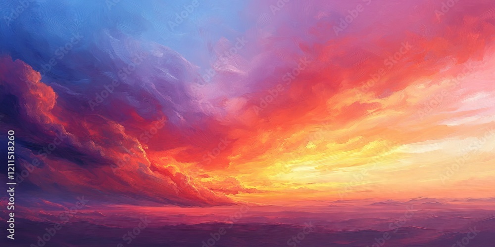 Obraz premium Vibrant sunset sky featuring dramatic purple and orange clouds transitioning to soft blue hues over distant mountains captured in a wide landscape format