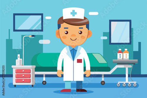 A cartoon representation of a hospital scene with a nurse next to a patient bed in a colorful environment Hospital patient Customizable Cartoon Illustration