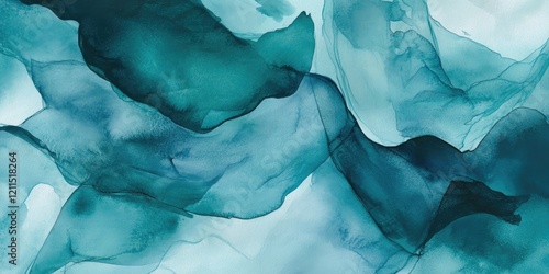 Elegant abstract watercolor art with flowing teal and blue shades creating a sophisticated composition with soft, graceful curves and layers
