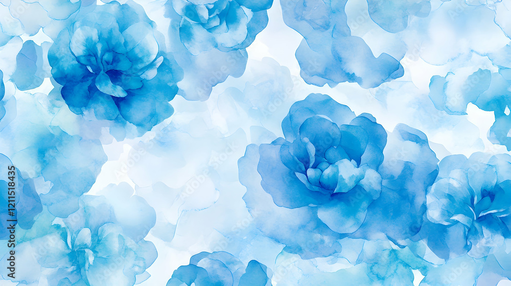 Fototapeta premium Blue watercolor flowers seamless pattern, textile design, soft background