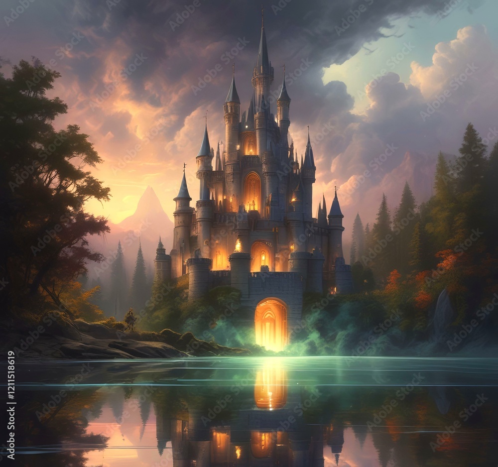 Fototapeta premium Illustration of glowing mystery tower castle in night.