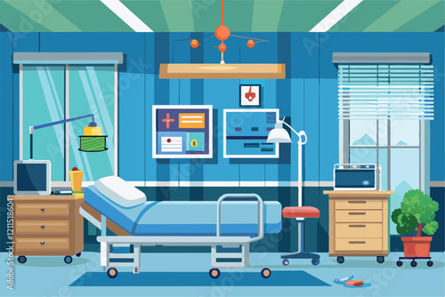 A hospital room with a bed, medical equipment, shelves, and plants, designed for patient comfort and care hospital room