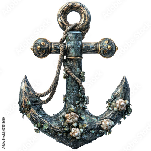 Detailed Nautical Anchor with Rope and Marine Flora Elements