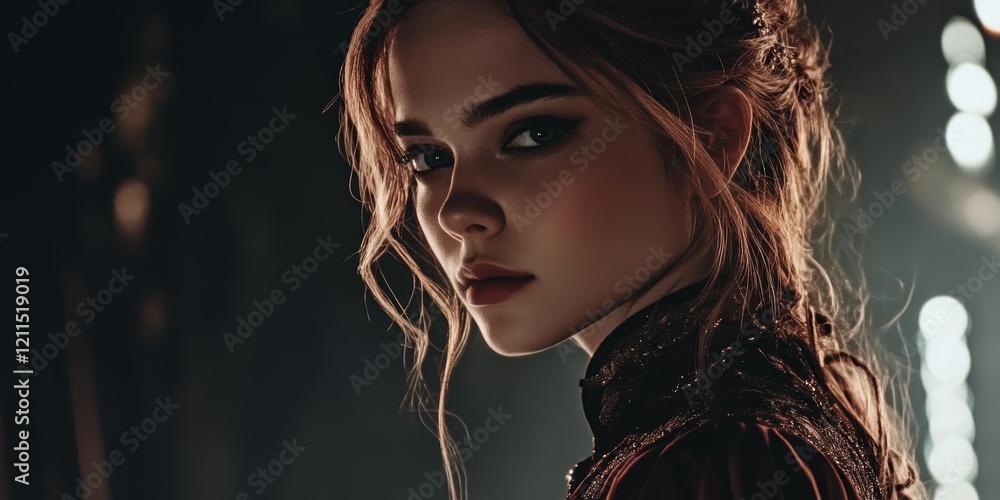 Fototapeta premium Mysterious Portrait of Young Woman with Dramatic Lighting and Intense Gaze