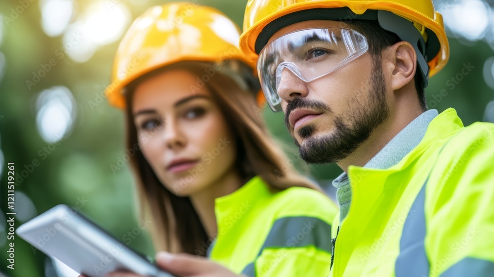 Obraz premium Construction Workers in Safety Gear Using Tablet on Site