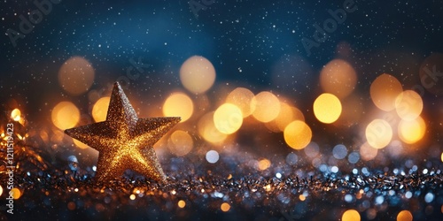 Golden star decoration in foreground against blue background with warm bokeh lights creating a festive atmosphere and a magical celebratory feel
