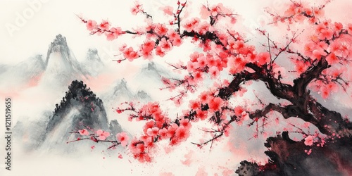 Cherry blossom branch with vibrant pink flowers in bloom against a misty mountain backdrop featuring soft grays and blacks, creating a serene landscape.