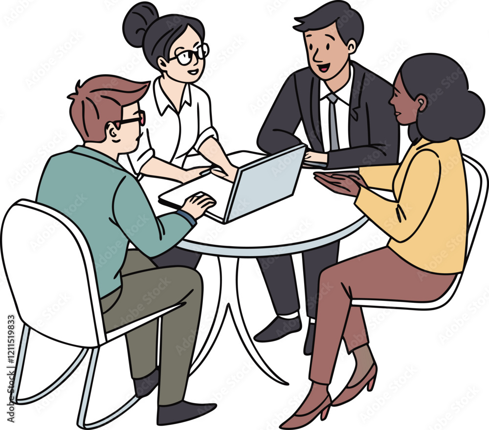 Partners meeting for business discussion with documents and laptop on desk. Couple at round table, speaking, discussing work, partnership. Flat vector on a white background Partners meeting for business discussion with documents and laptop on desk. Couple at round table, speaking, discussing work, partnership. Flat vector on a white background