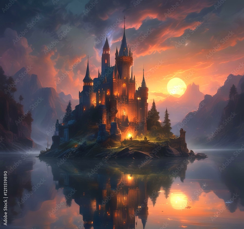 Naklejka premium Illustration of glowing mystery tower castle in night.