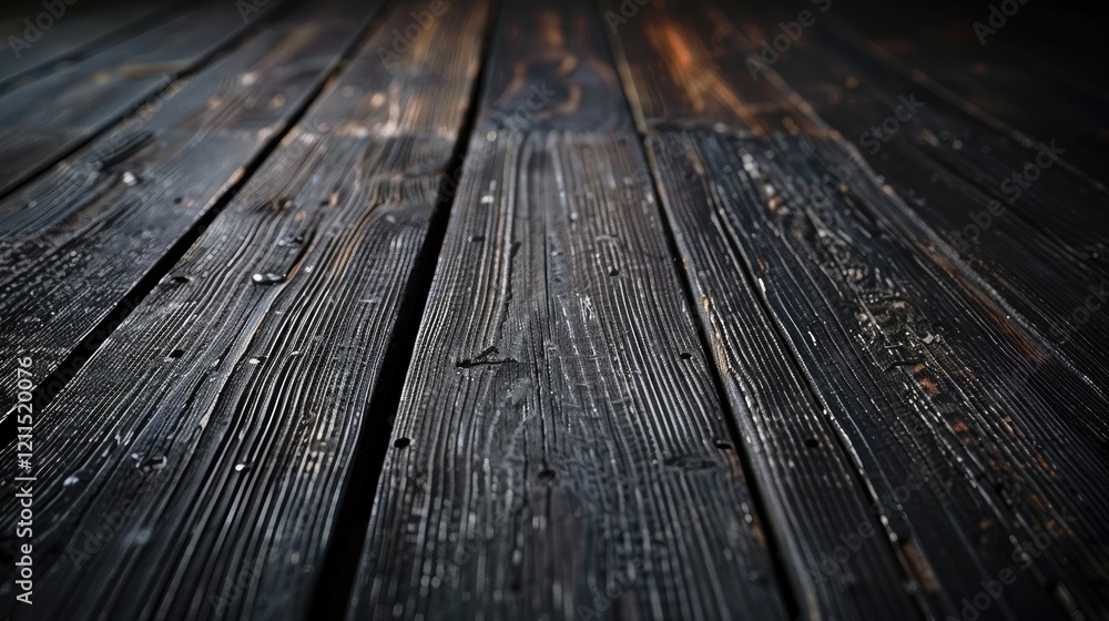 Dark wooden floor with textured planks, showcasing natural grain and weathered appearance. Dark wooden floor with textured planks, showcasing natural grain and weathered appearance.